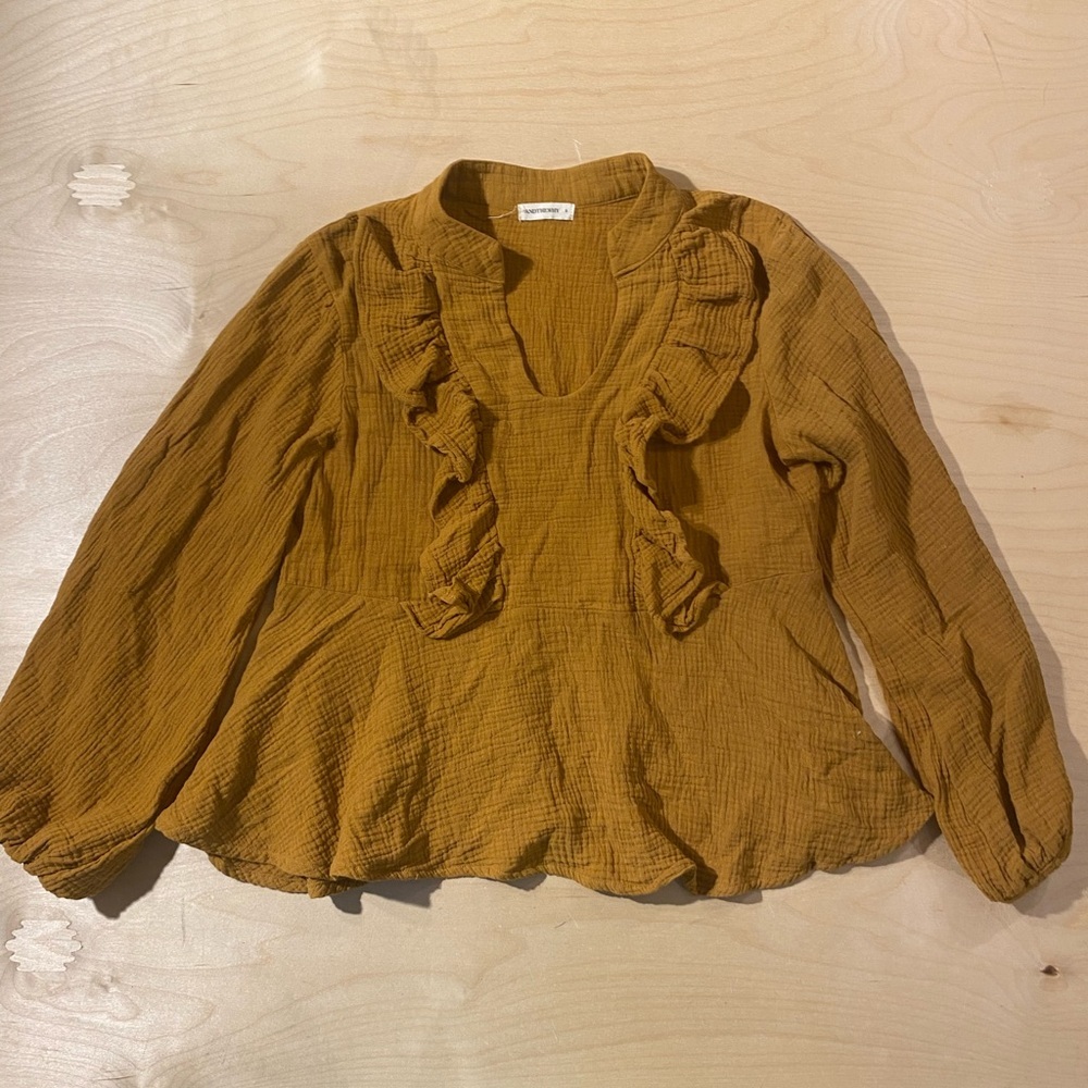 ANDTHEWHY Women's Mustard Ruffle Blouse Small (DT)